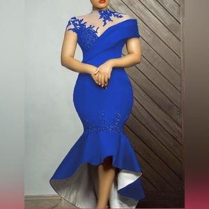 Plus Size Formal See Through Royal Blue Sequin Ruffle High Low Midi Dress